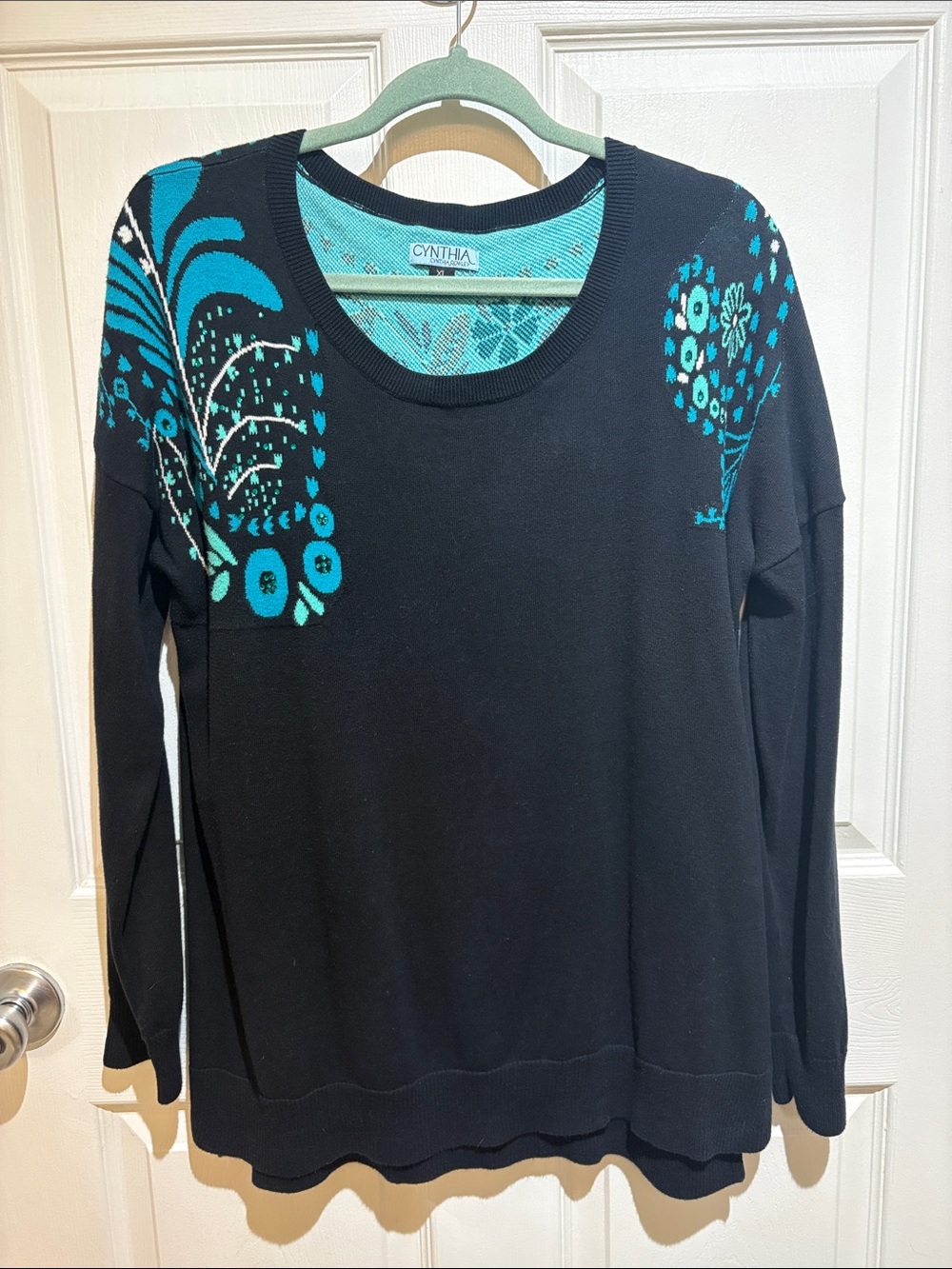 Cynthia Rowley Black Crewneck Sweater with Teal Floral Yokes